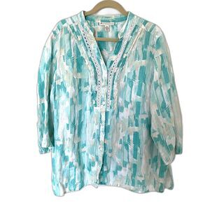 JM Collection Linen Blend Button Up 3/4 Sleeve Shirt Lace Trim Feminine Style 20